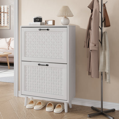 Shoe Cabinet With Handmade Rattan Drawers, Freestanding Shoe Cabinet With Solid Wood Feet, Narrow Shoe Cabinet In The Entrance And Minimalist Slim Shoe Cabinet.
