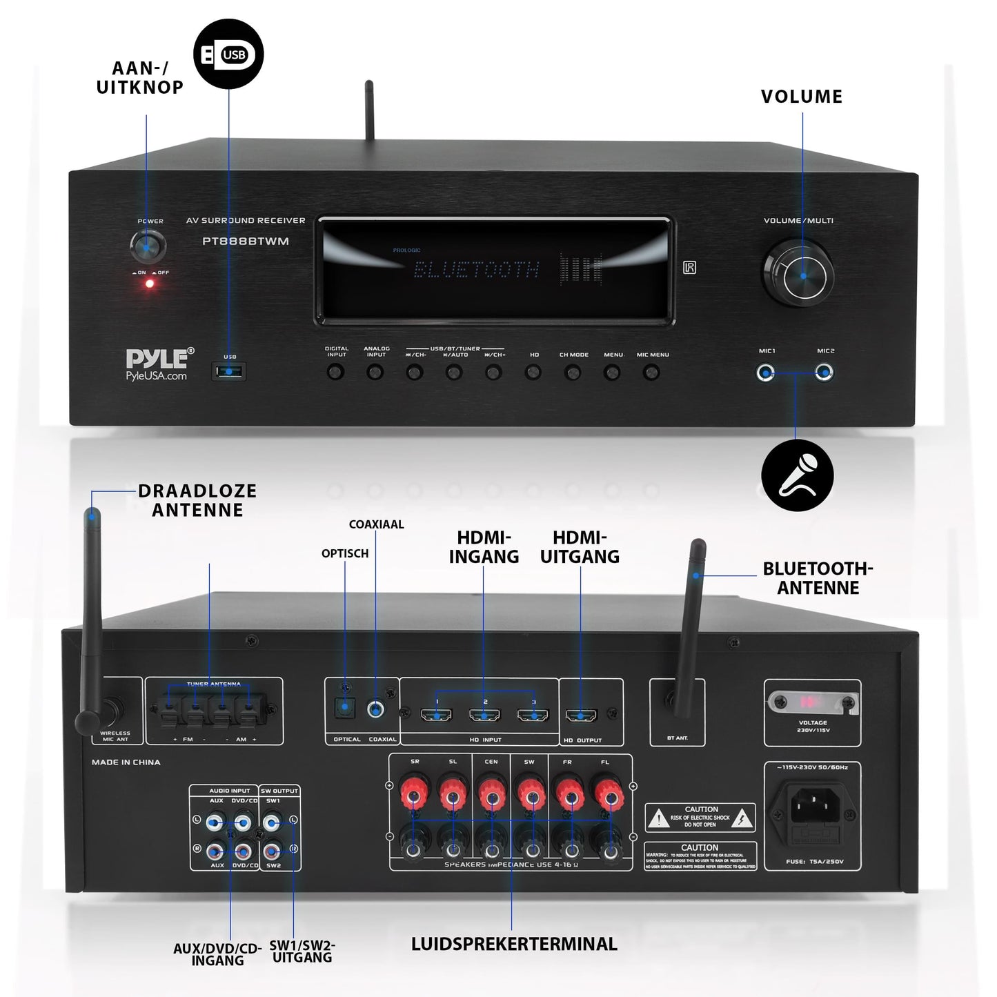 Karaoke Versterker – Audio Versterker – Bluetooth Receiver – Home Theater Versterker – 5.2 Channel Stereo – 1000 Watt Vermogen – 2 Draadloze UHF Microfoons