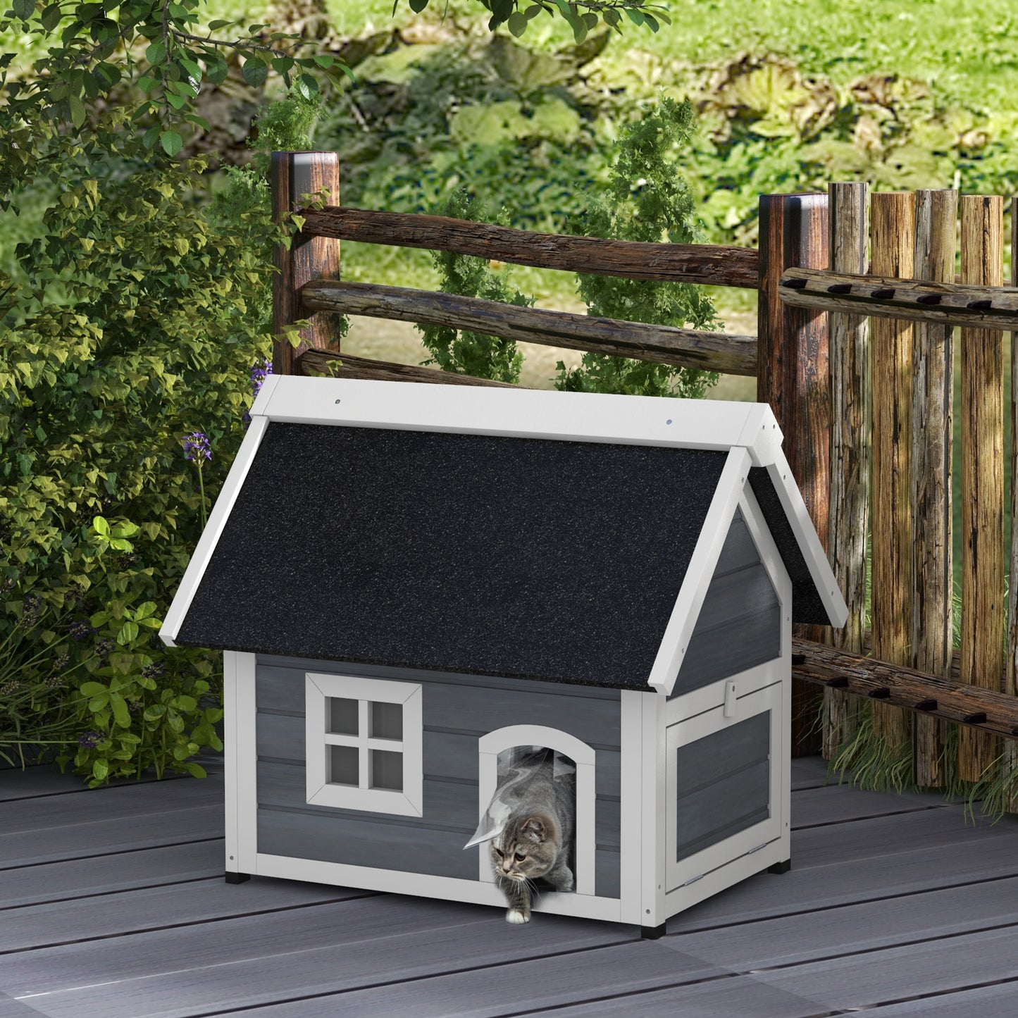 Houten Kattenhuis – Kattenhut – Kattenverblijf – Kattenhuisje – Dierenhuisje – Weerbestendig Bitumen Dak – 3 Toegangsdeuren – Grijs – 77x57,5x68 cm