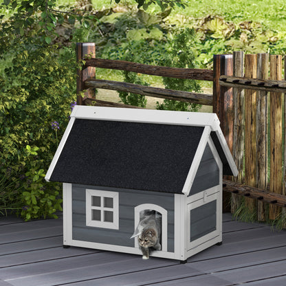 Houten Kattenhuis – Kattenhut – Kattenverblijf – Kattenhuisje – Dierenhuisje – Weerbestendig Bitumen Dak – 3 Toegangsdeuren – Grijs – 77x57,5x68 cm