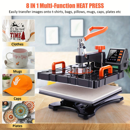 Heat Press Machine – Warmtepers – Transferpers – Hittepers – Sublimatiepers – 8-in-1 Multifunctioneel – 30x38 cm Met Digitale Timer – 360° Swing Away Arm