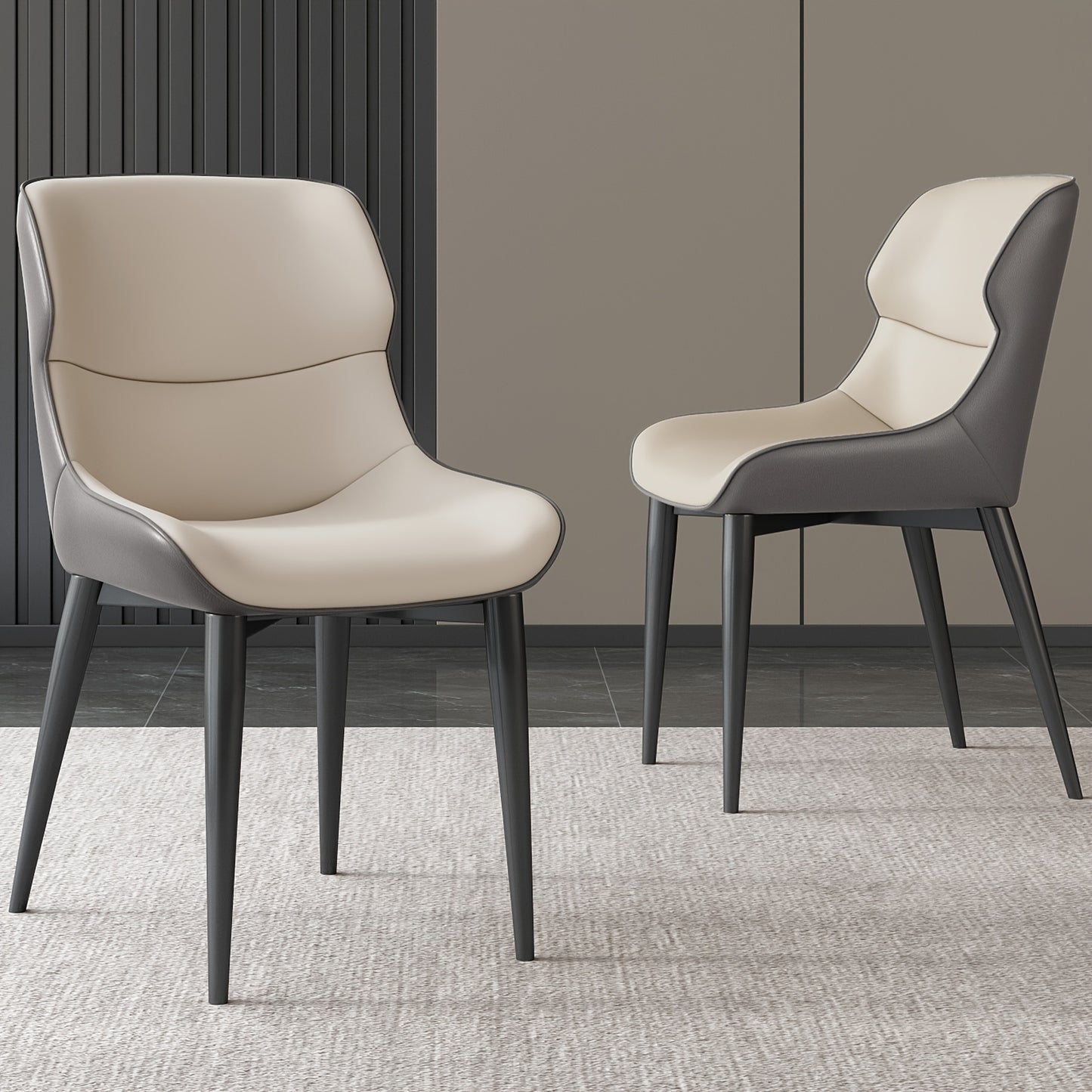 2-Pack Modern PU Leather Dining Chairs with Cushioned Metal Legs - Soft Padded Seats & Backrests, Sturdy Tapered Legs, Easy-Clean Surface, Black & Light Gray Contemporary Kitchen Chairs for Home, Restaurant, Breakfast Nook -