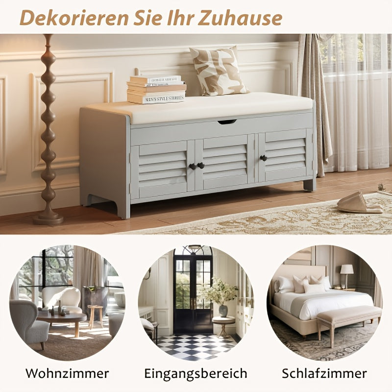 Schoenenbank – Schoenenrek – Schoenenkast – Opbergbank – Halmeubel – Bamboe Materiaal – Comfortabele Katoenen Zitting – 3 Louverdeuren Met Verborgen Opbergruimte