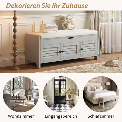 Schoenenbank – Schoenenrek – Schoenenkast – Opbergbank – Halmeubel – Bamboe Materiaal – Comfortabele Katoenen Zitting – 3 Louverdeuren Met Verborgen Opbergruimte