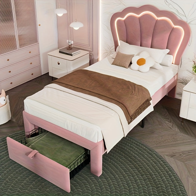 Bedframe Roze – Gestoffeerd Bed – Eenpersoonsbed – Slaapbank – Kinderbed – Pastelroze Kleur – Eenvoudige Montage – Duurzaam Bamboemateriaal