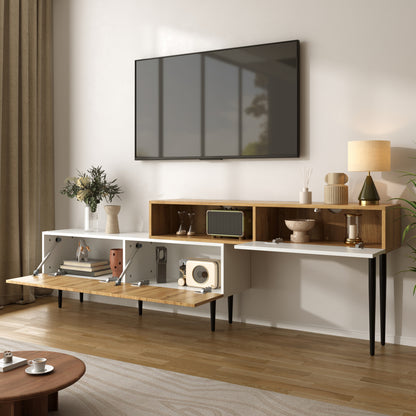 Tv Meubel – Tv Kast – Televisiemeubel – Tv Dressoir – Tv Stand – Modulaire 2-delige Set – Wit Mat Met Houtlook – Zwarte Metalen Poot – Verstelbare Lengte – Modern Design