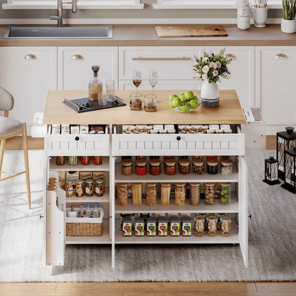 Keukenblok – Keukenkast – Keukenmeubel – Keukeneiland – Kitchenette – Mobiel met Inklapbaar Werkblad – Zes Wielen met Rem – Zwart Modern Design