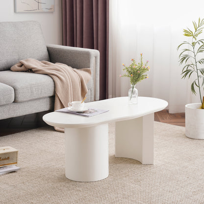 Modern White Curved Coffee Table - 100cm Long Irregular Oval/oval-like (not a true oval) Tabletop, Space-Saving Sturdy Metal-Free Assembly Design, Low-Maintenance White Finish, Large Living Room Center Table for Sofa & Bedsid