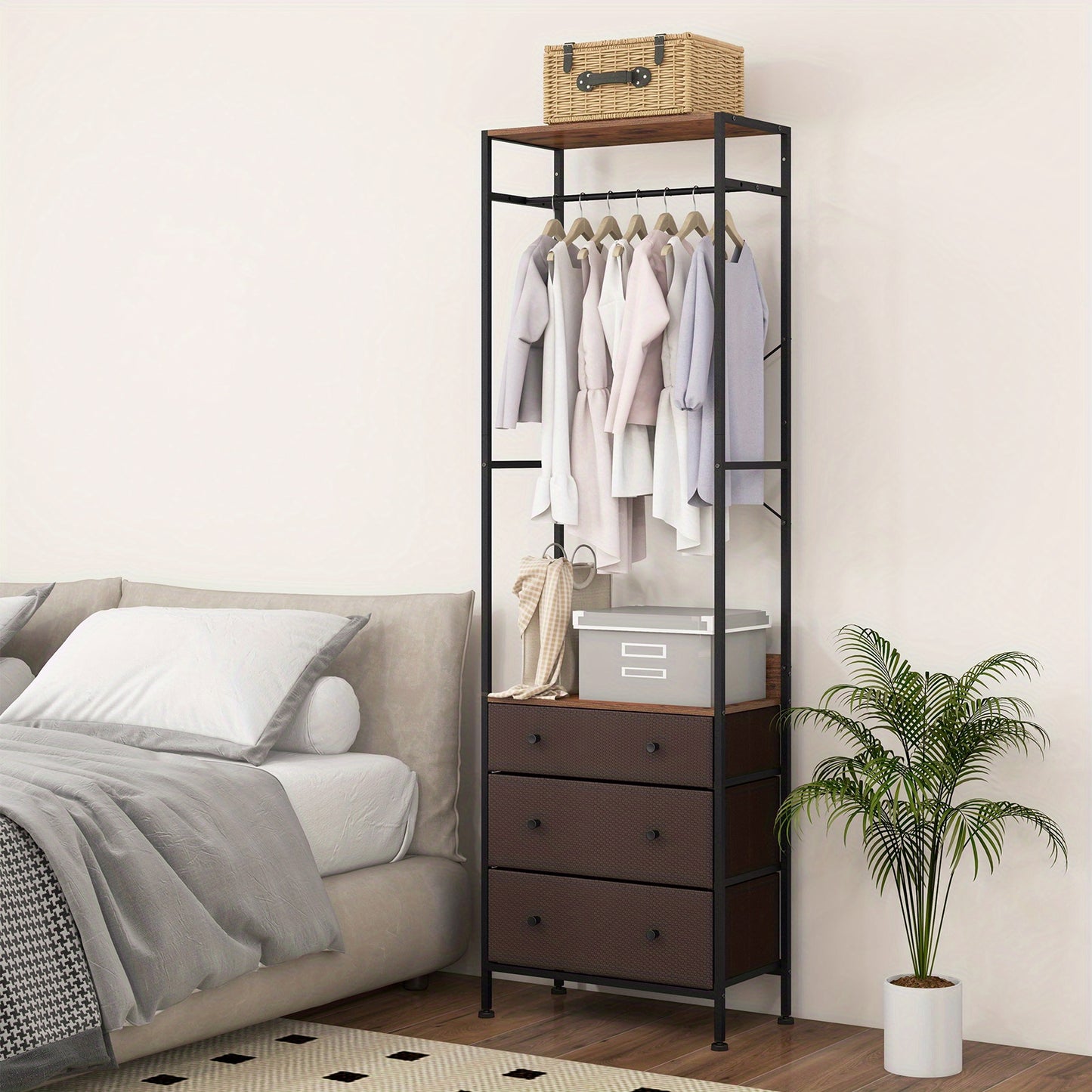 Kledingrek – Kapstok – Kledinghouder – Garderoberek – Jassenrek – Industrieël Design – 3 Uitschuifbare Lades – Verstelbare Kledingstang – Zwart Metalen Frame – 55x28x176 cm