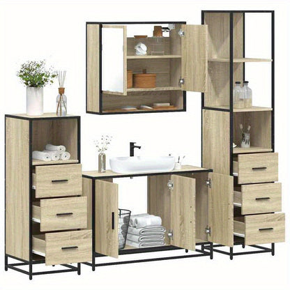 Badkamermeubel – Badmeubelset – Wastafelmeubel – Onderkast – Kolomkast – 4-delige Set – Sonoma Eiken Hout – Duurzaam & Eenvoudig te Monteren