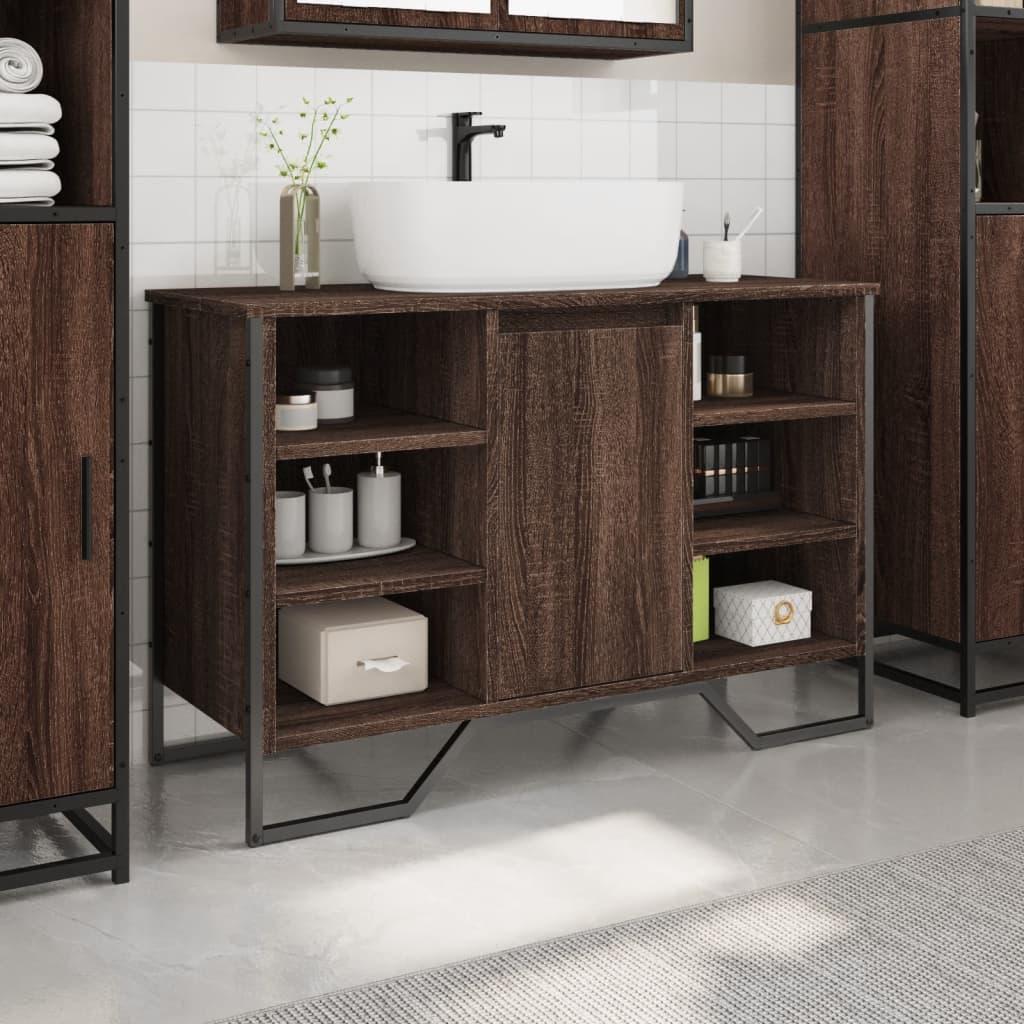 Modern Brown Oak Bathroom Sink Cabinet - Engineered Wood Storage with Towel Rack & Hooks, 91x35x60cm, Perfect for Washroom Organization, Bathroom Organizers And Storage