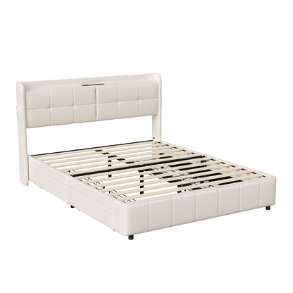 Bed Met Opbergruimte – Tweepersoonsbed – Volwassenenbed – Boxspringbed – Slaapbank – 160 x 200 cm – Fluweel Beige – 4 Ruime Ladekasten