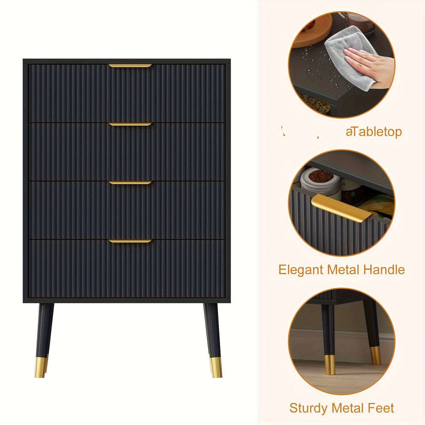 Opbergkast – Kast – Ladenkast – Ladekast – Dressoir – Zwart Met Geborsteld Gouden Handgrepen – 4 Laden – Stevige Constructie – Eenvoudige Montage
