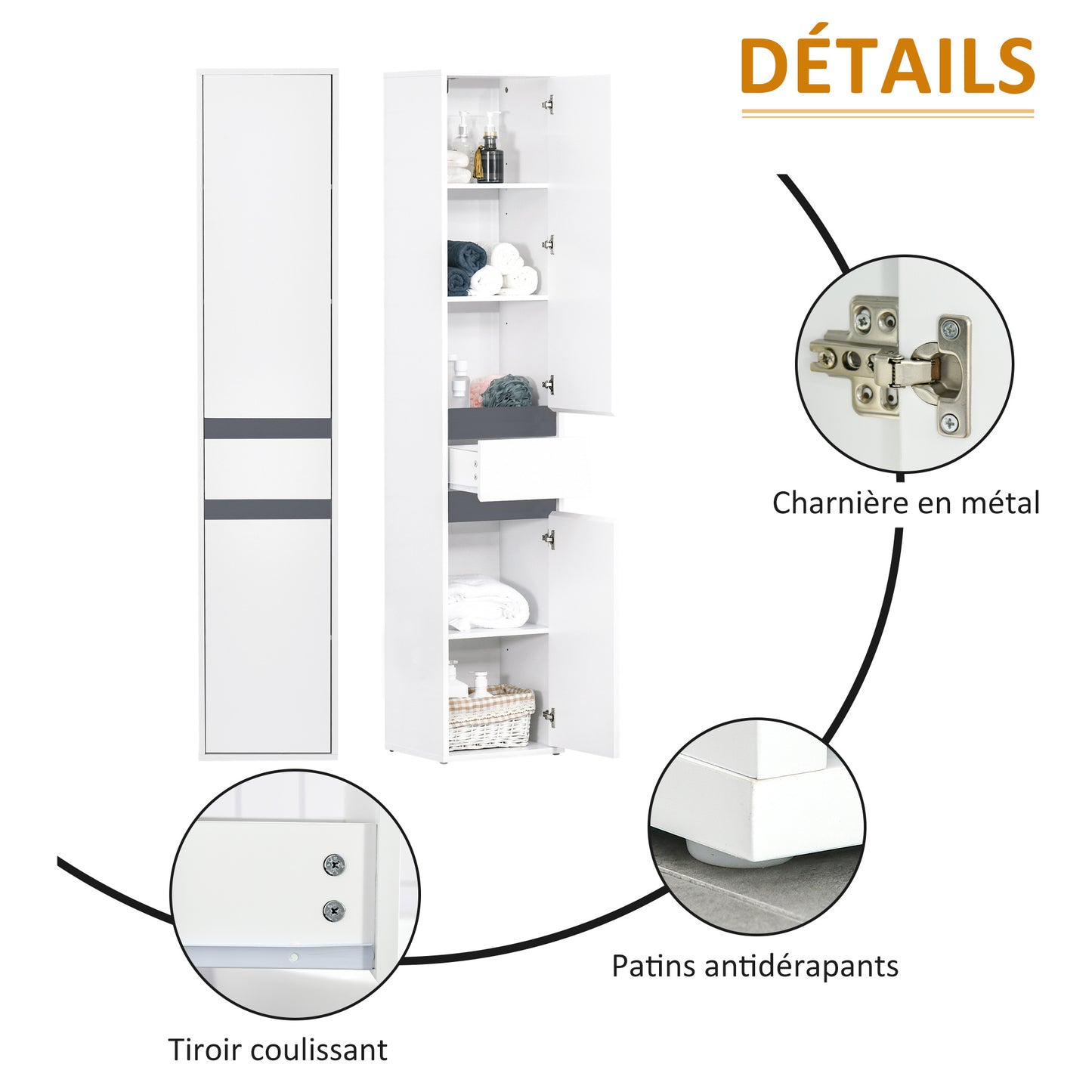 Badkamerkast – Opbergkast – Linnenkast – Kolomkast – Douchekast – Wit Particleboard – 2 Deuren, 3 Planken en 1 Lade