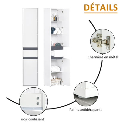 Badkamerkast – Opbergkast – Linnenkast – Kolomkast – Douchekast – Wit Particleboard – 2 Deuren, 3 Planken en 1 Lade