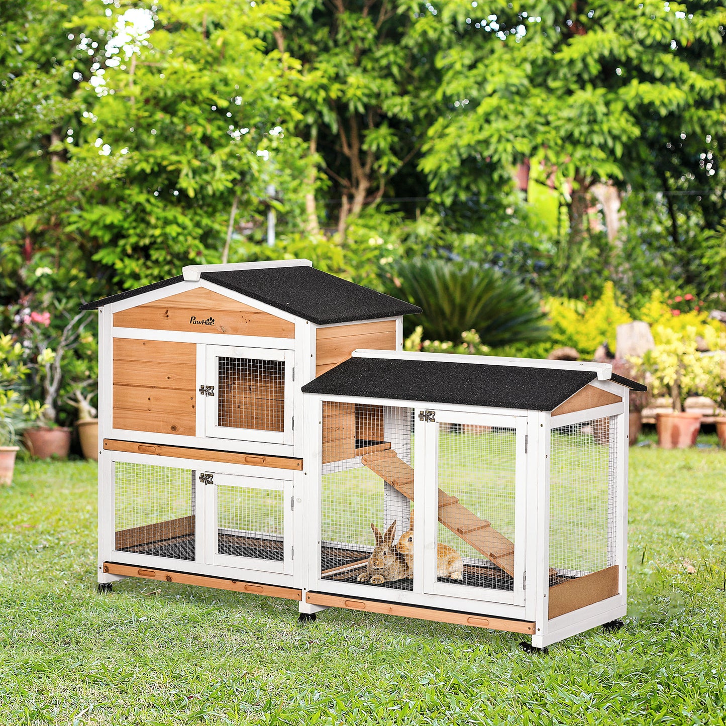 Konijnenren – Houten Knaagdierenhok – Buitenren – Knaagdierverblijf – Ren Op Wielen – 2 Niveaus – 3 Uittrekbare Schuifbakken – Geel – 157,4x53x99,5 cm – Waterafstotend