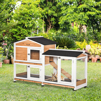 Konijnenren – Houten Knaagdierenhok – Buitenren – Knaagdierverblijf – Ren Op Wielen – 2 Niveaus – 3 Uittrekbare Schuifbakken – Geel – 157,4x53x99,5 cm – Waterafstotend