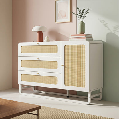 Dressoir – Sideboard – Opbergkast – Ladekast – Buffetkast – Modern Design – Vlechtwerk Met Gouden Accenten – 3 Lades & Deur – Verstelbare Planken – Anti-Kantelbeveiliging – Ruimtebesparend 120x85x40 cm
