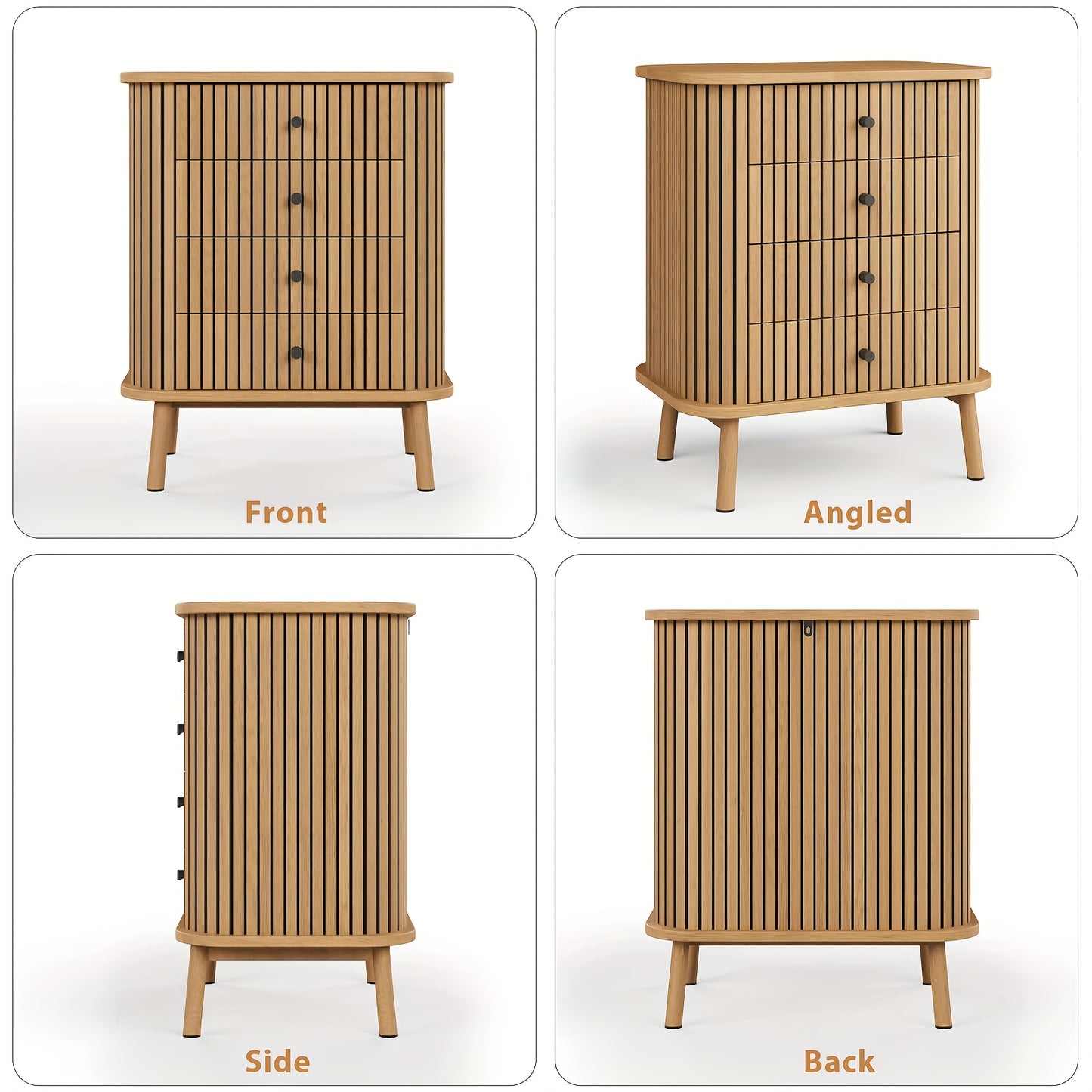 4-Drawer Dresser with Matte Black Handles & Wood Legs - Farmhouse Boho Wicker-Style Bedside Table, Spacious Storage Chest of Drawers, Space-Saving Design, Engineered Wood/MDF Construction, 60x40x79.7cm, Freestanding Nightstan