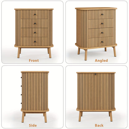 4-Drawer Dresser with Matte Black Handles & Wood Legs - Farmhouse Boho Wicker-Style Bedside Table, Spacious Storage Chest of Drawers, Space-Saving Design, Engineered Wood/MDF Construction, 60x40x79.7cm, Freestanding Nightstan