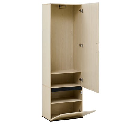 BTM Slim Wardrobe Cabinet with Mirror Door and Extendable Clothes Rail, High Cabinet in Wood Look with Shelves and Folding Compartment, Modern Hallway Cabinet for Entryway, Bedroom, Apartment, 54×34.5×179.5 cm