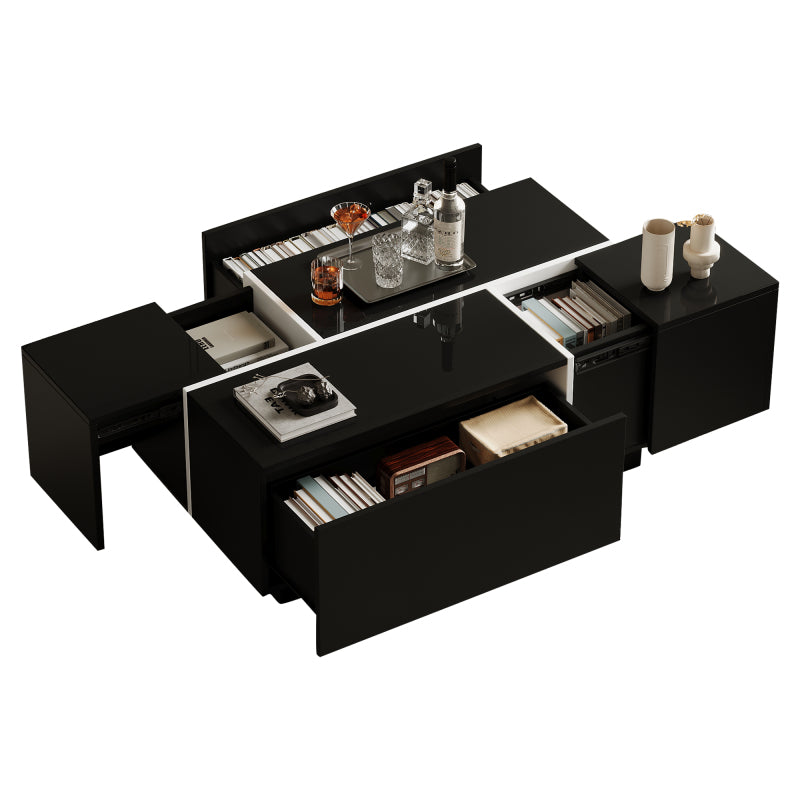 Salontafel – Koffietafel – Tafel – Woonkamertafel – Opbergtafel – Zwart-Wit Patchwork – 4 Uittrekbare Lades – Hoogglans Afwerking – 100x60x40 cm – Belastbaar Tot 30 kg