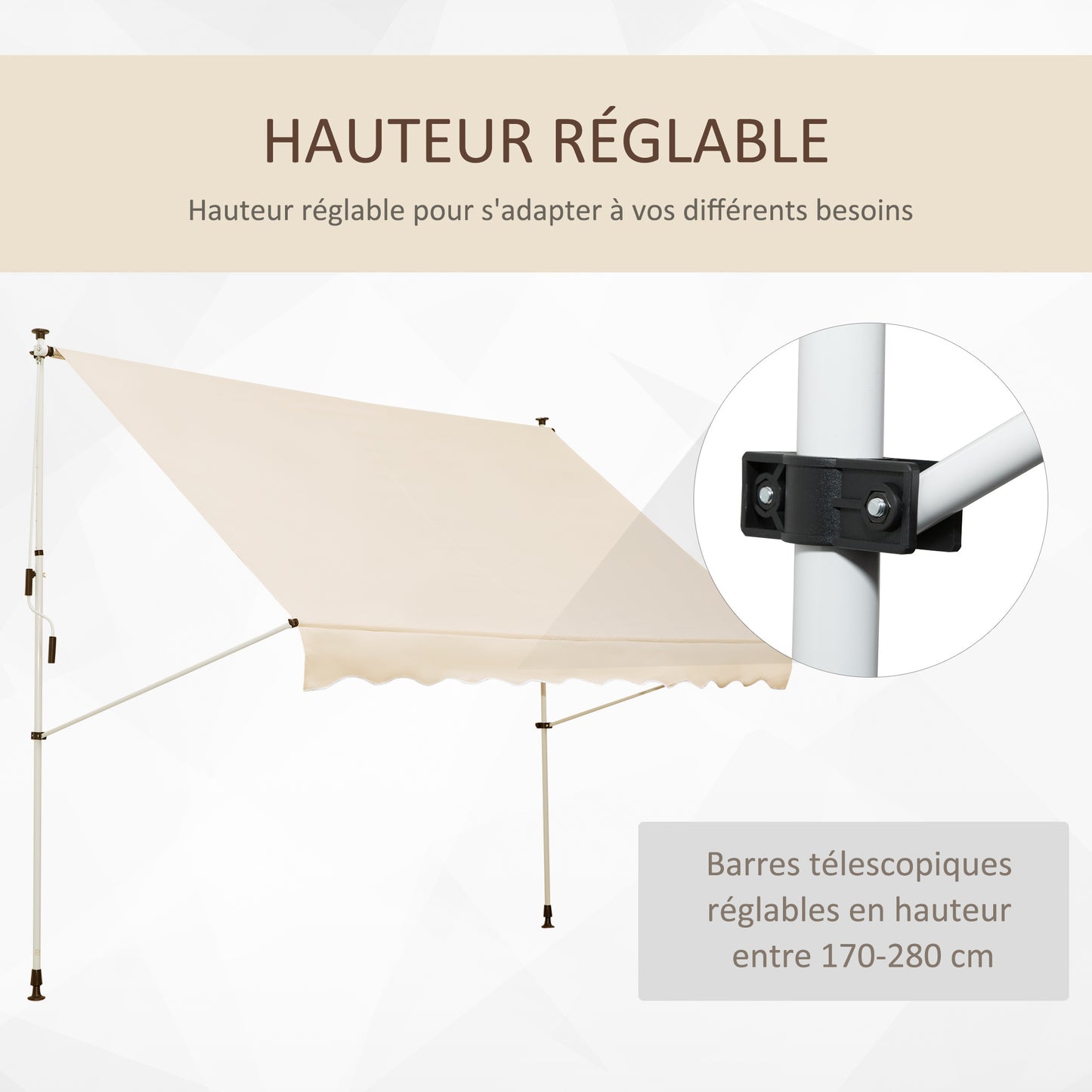 Uitschuifbare Zonwering – Zonnescherm – Markies – Terrasoverkapping – Luifel – Verstelbare Hoogte – Aluminium Frame – Beige Polyester – Anti-UV – Muurloos Montagesysteem