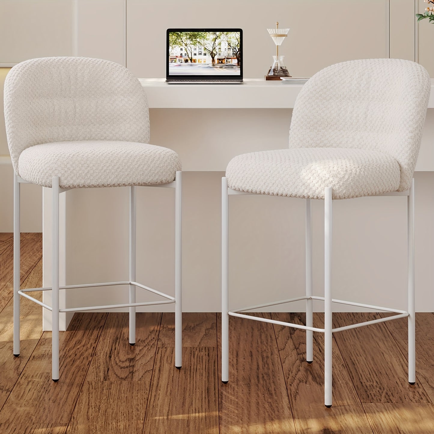 Barstoel – Barkruk – Barkrukken – Barstoel Met Rugleuning – Keukenstoel Set Van 2 – Modern Design – Zacht Gewatteerd Beige Kussen – Stabiel Wit Metalen Frame