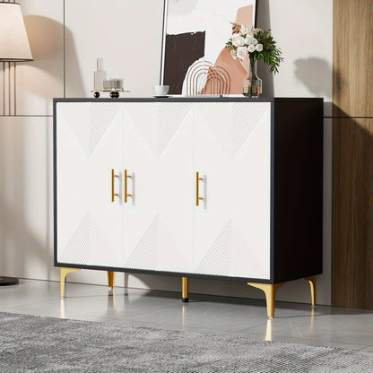 Dressoir – Opbergkast – Ladekast – Buffetkast – Sideboard – Mat Wit Gestreept – Gouden Handgrepen – Hardhout & Spaanplaat – Ruime Opbergruimte – Bohemian Design