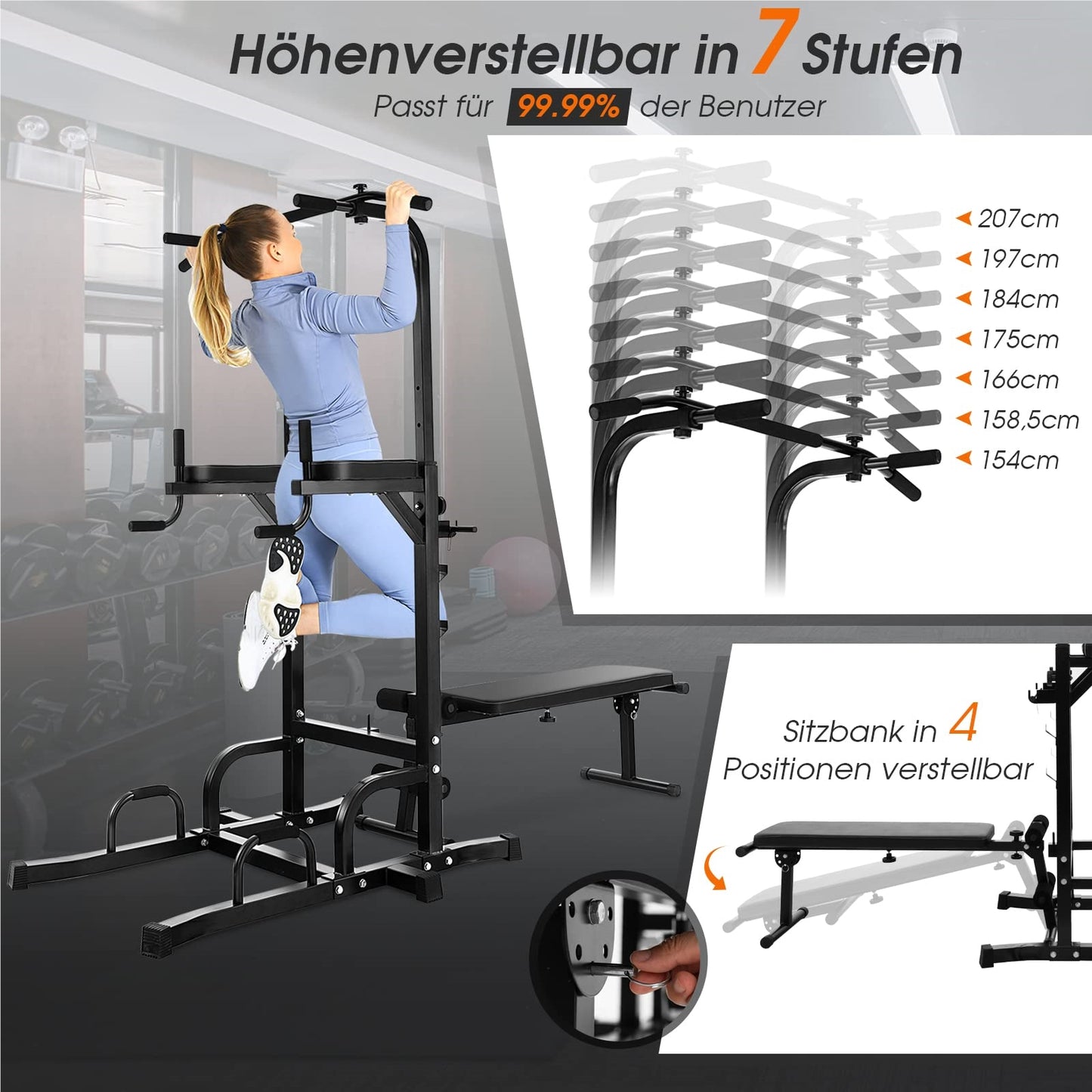 Freestanding Pull-Up Bar – Power Tower – Klimrek – Fitnessstation – Dipstation – Zwart – Belastbaar Tot 150 KG – Hoogte 7-voudig Verstelbaar