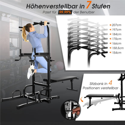 Freestanding Pull-Up Bar – Power Tower – Klimrek – Fitnessstation – Dipstation – Zwart – Belastbaar Tot 150 KG – Hoogte 7-voudig Verstelbaar