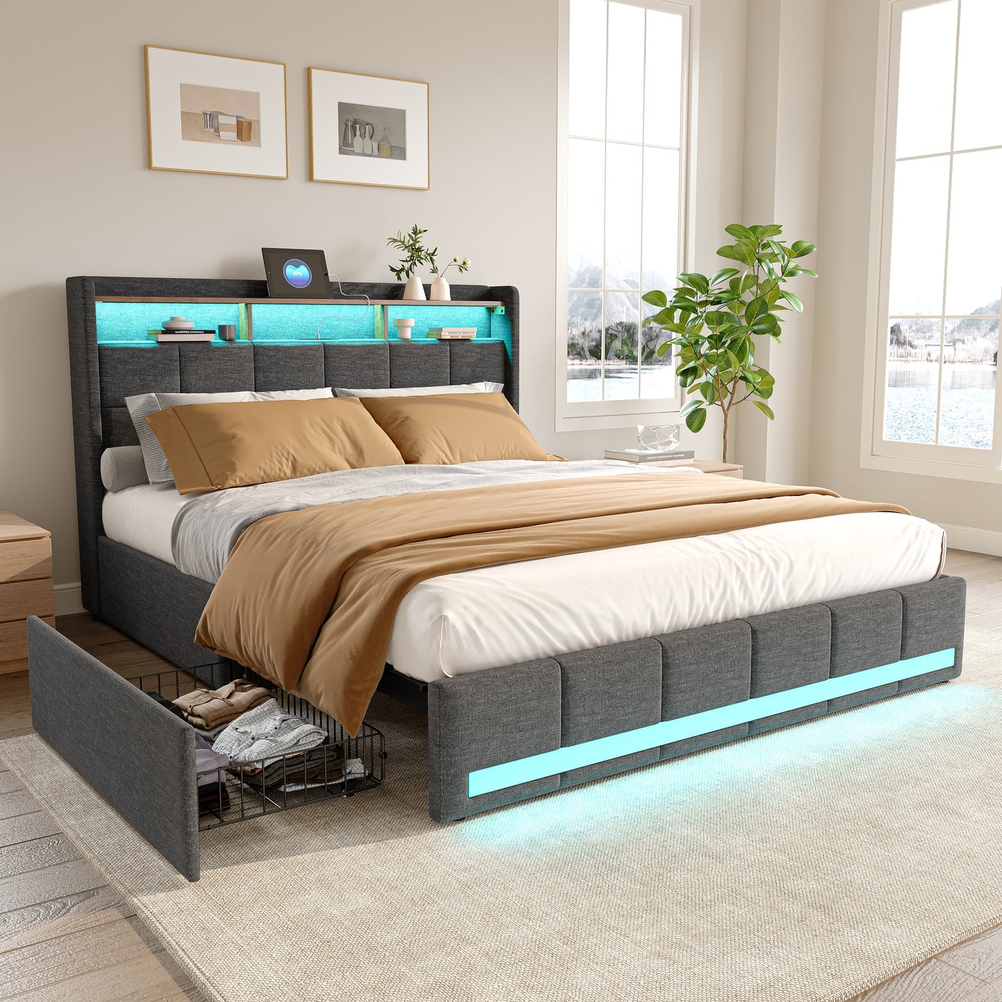 Double Bed with Storage, LED Lighting, 4 Drawers, Storage Function, USB Charging, Quick Assembly, Metal And Linen Bed Frame, Classic, for Adults, Ideal for 8Mj4Txd Bedroom.