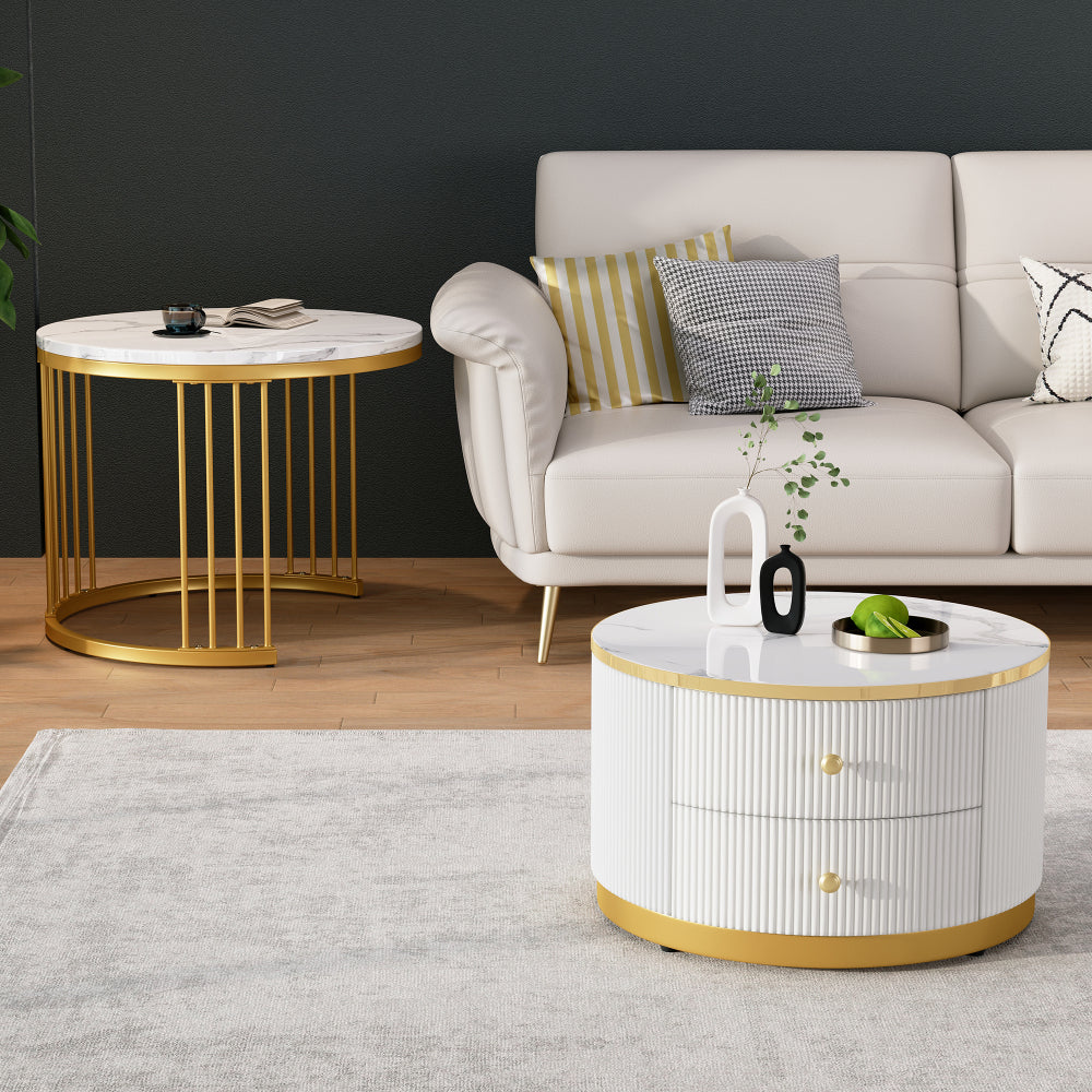Modern Nesting Coffee Table Set with Two Drawers - Space-Saving Stackable Design, Marble-Like Round Tabletops, Metal Frame & High-Gloss Finish, 60x60x45.5cm & 50x50x32cm, 30kg Weight Capacity, Easy Assembly for Small Living R
