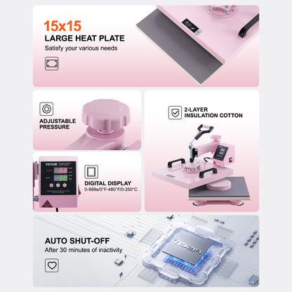 Warmtepers – Heat Transfer Machine – Persmachine – Transferpers – T-Shirt Pers – 5-in-1 Multifunctioneel – 15x15 Inch Verwarmingsplaat – Digitale Temperatuurregeling – Roze