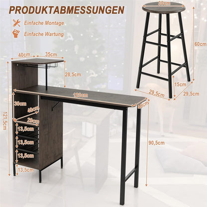 Barset – Bartafel – Barkrukken – Bistrotafel – Barmeubel – Met Opbergruimte Voor Flessen – Industrieel Metalen Frame – Compact 120x40x90,5 cm – Verstelbare Voetsteunen