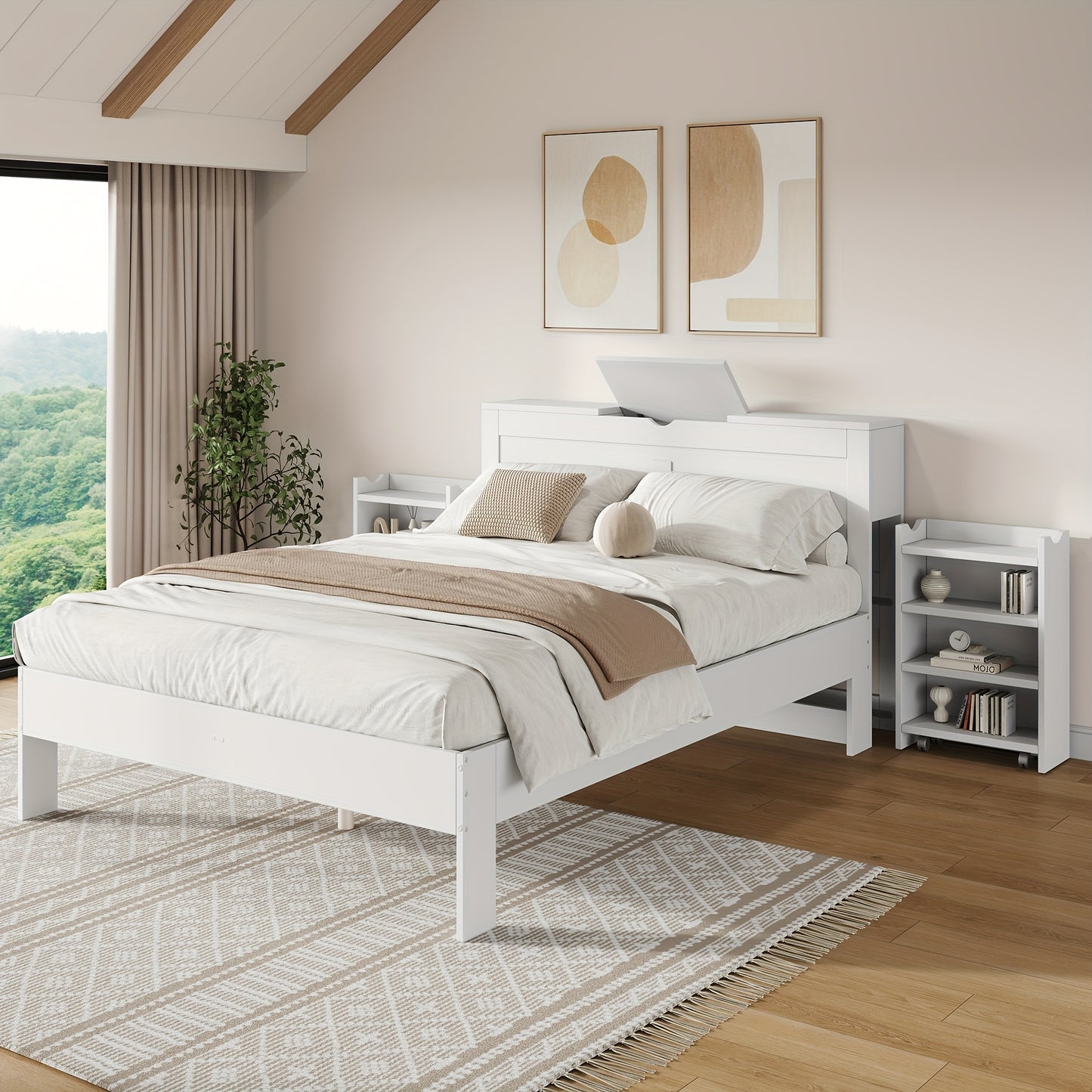 Bedframe – Tweepersoonsbed – Slaapbank – Kinderbed – Meubel – Wit – Bamboe Materiaal – Hoofdeinde Met Opbergruimte