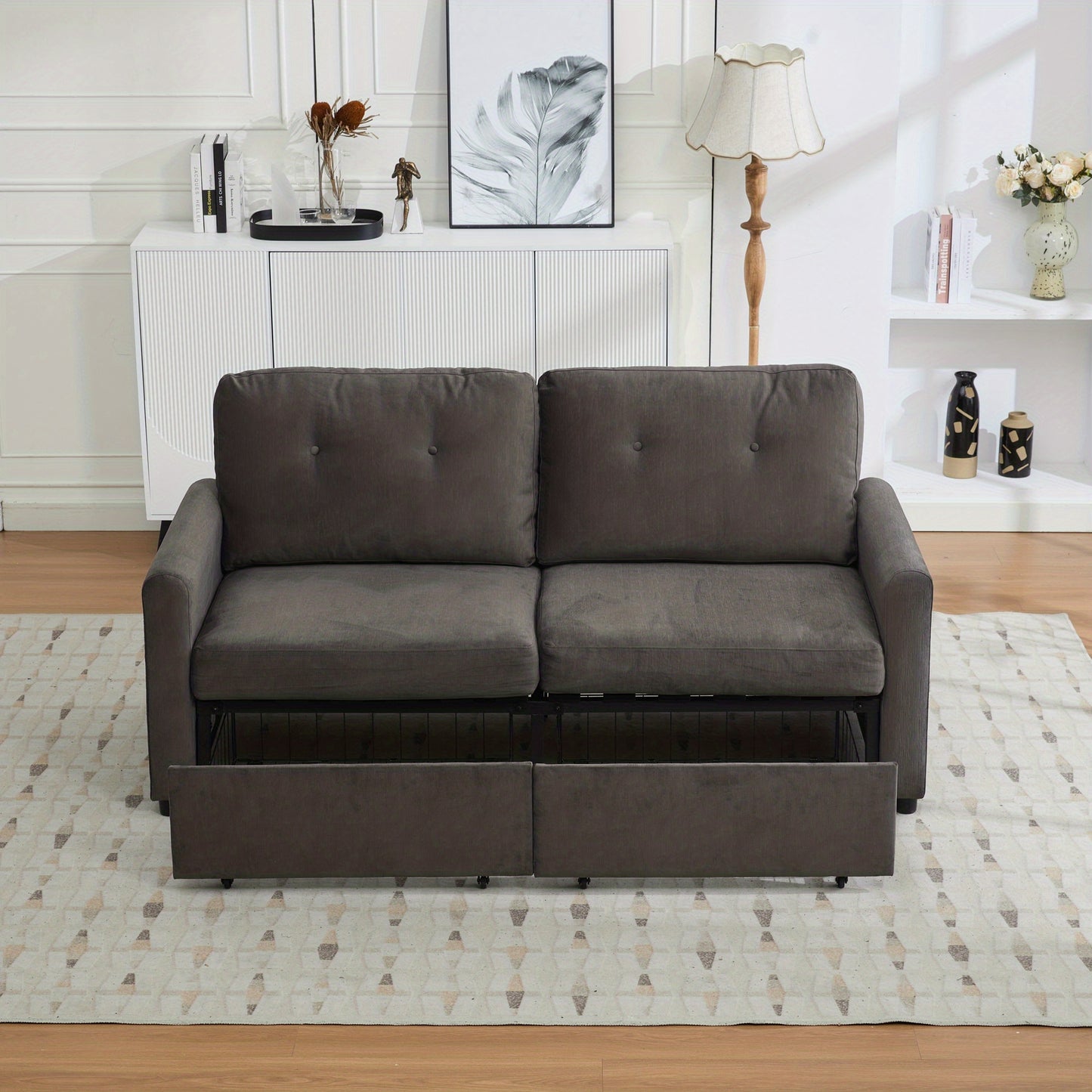 Tweezitsbank – Compacte Bank – Minimalistische Sofa – Stijlvolle Couch – Tweepersoonsbank – Opberglade – Duurzaam Bamboe – Donkergrijs