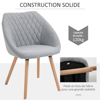 HOMCOM Set of 2 Dining Chairs Scandinavian Design - Tapered Legs Beech Wood - Seat Backrest Armrests Ergonomic Linen Grey