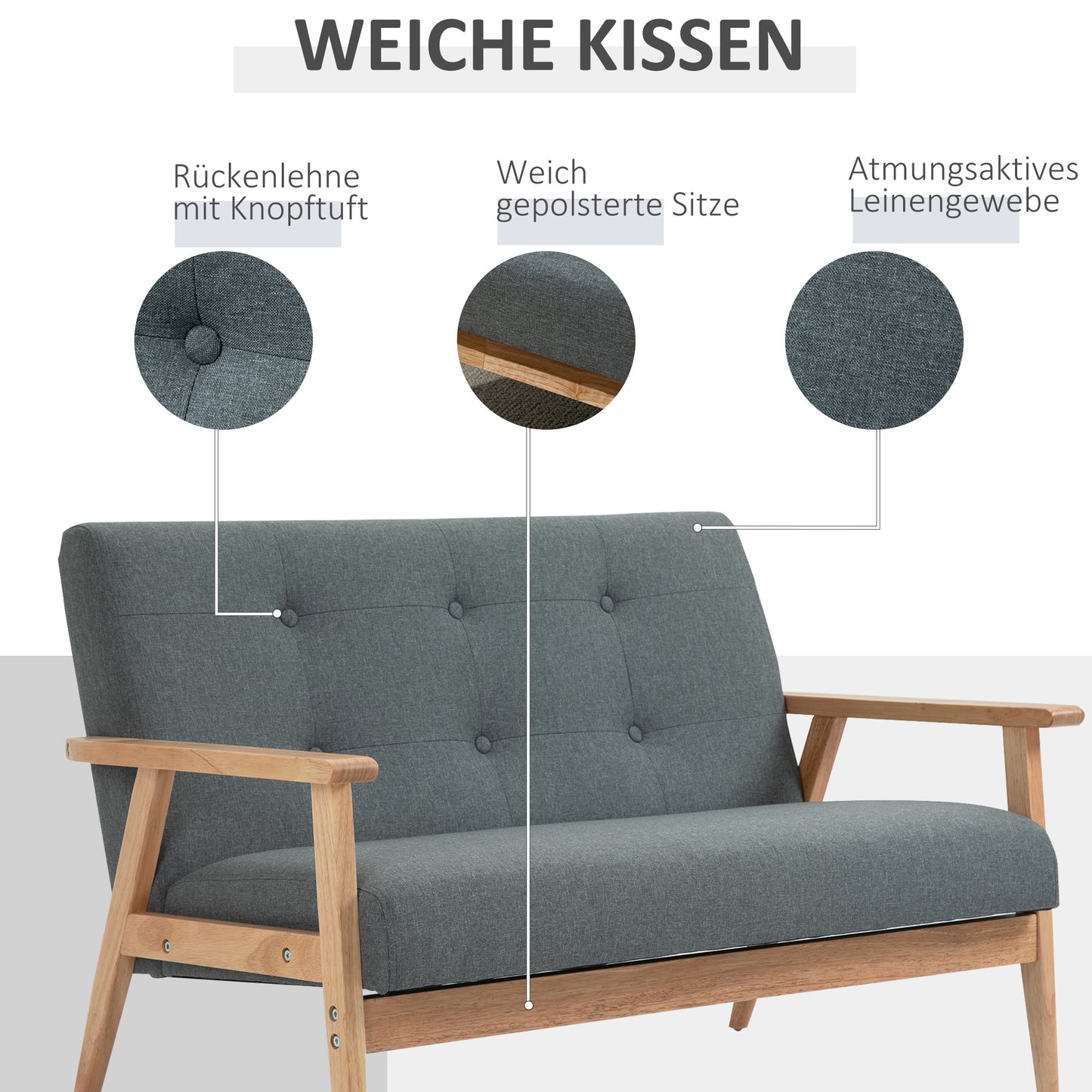 2-zits bank – 2-zits sofa – loveseat – zitbank – tweezitsbank – compact ontwerp – linnen bekleding – rubberwood frame – grijs