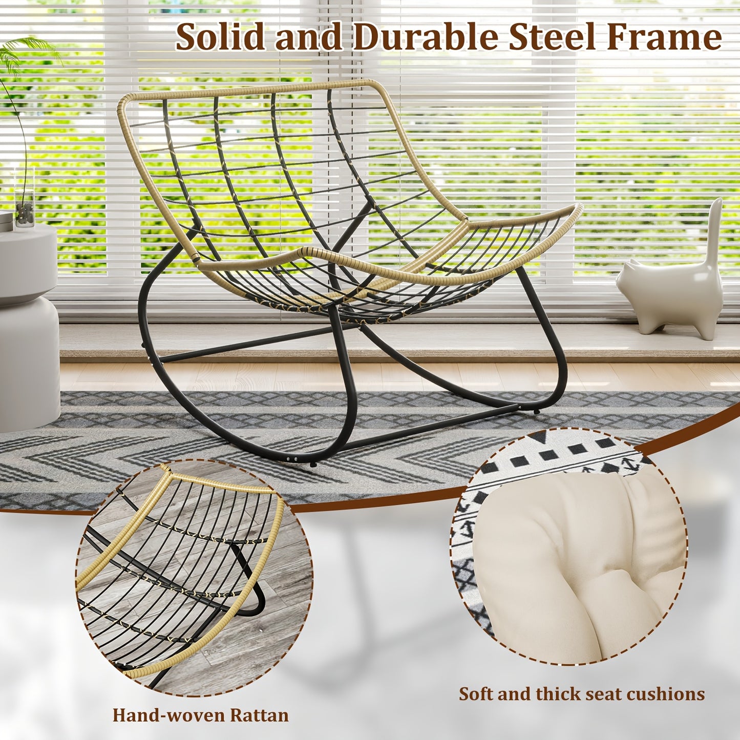 Fauteuil – Loungestoel – Relaxstoel – Schommelstoel – Balkonstoel – Oversized Design – Stevig Metalen Frame – Zachte Polyester Bekleding - Beige