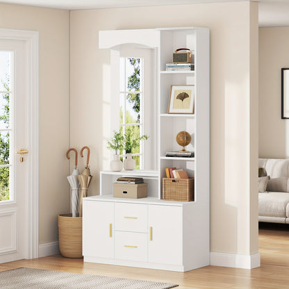 Multifunctional Entryway Cabinet with Storage Space, Shoe Cabinet, and Mirror | 2 Drawers and 2 Cabinets, Drawer Unit with Shelves, White, Floor Mount, Classic Style