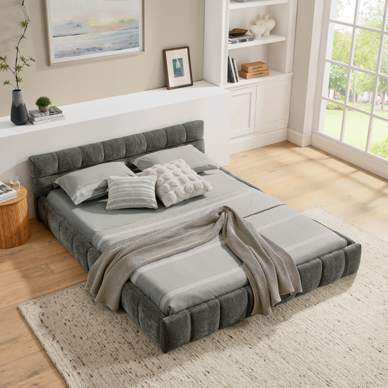 Bedframe – Tweepersoonsbed – Dubbelbed – Slaapbank – Eenpersoonsbed – Chenille Bekleding – 140x200 cm – Ecologisch Eucalyptus Hout – Stabiel IJzeren Frame – Donkergrijs – Eenvoudige Montage