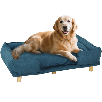 Hondenmand – Hondenbankje – Hondenbed – Huisdier Sofa – Afneembaar Kussen – Donkerblauw – Verhoogde Houten Pootjes – 96x66x24 cm