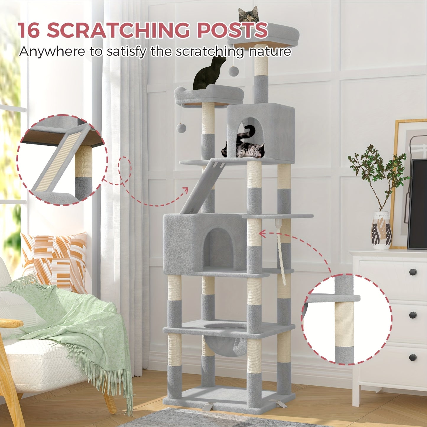 Krabpaal – Kattenkrabpaal – Kattenboom – Krabmeubel – Kattenhuis – Extra Groot – Anti-Kantel Met Verstervingsclips – 208 cm Hoog