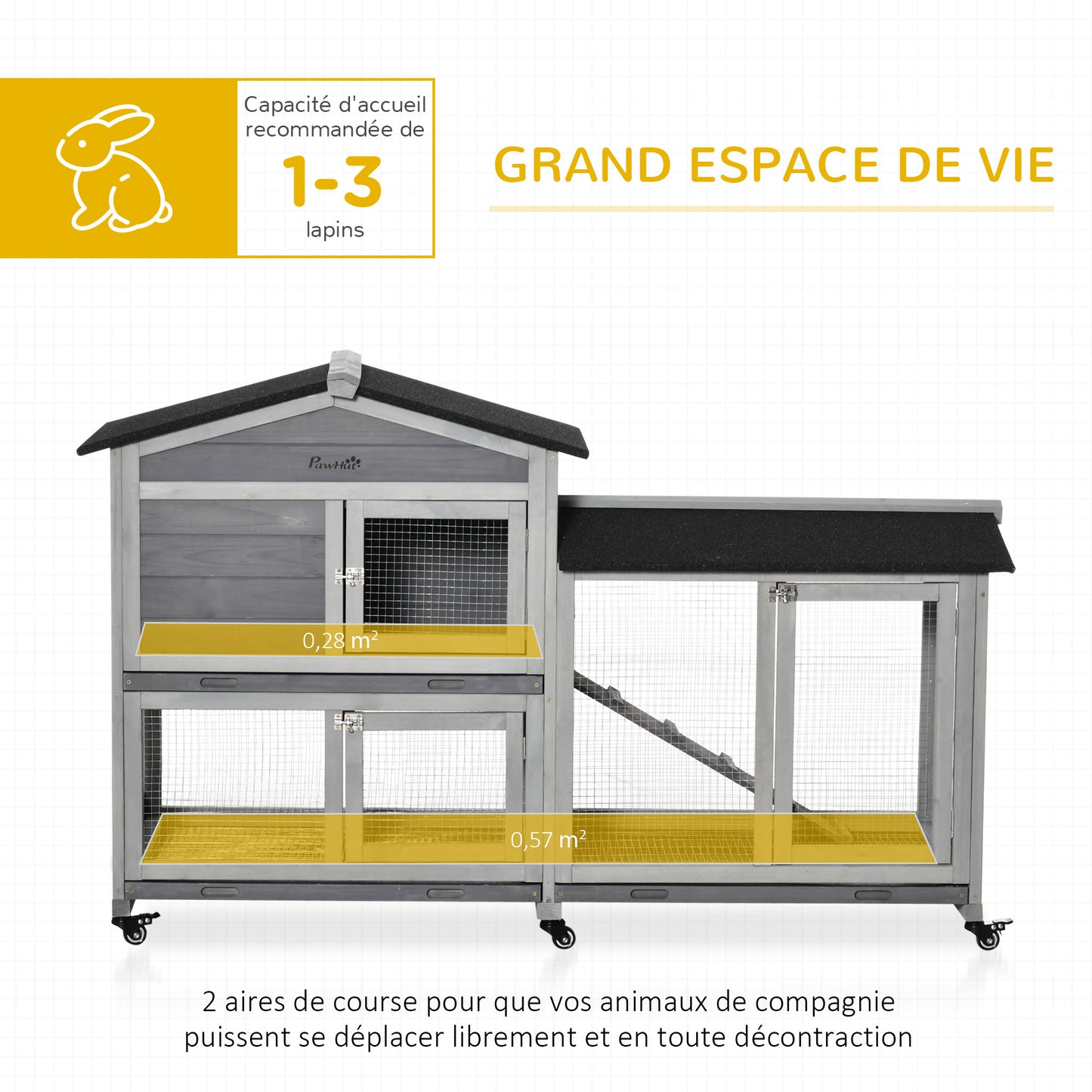 Konijnenhok – Konijnenren – Knaagdierenhok – Dierenverblijf – Houten Kooi – Met Wieltjes – 2 Verdiepingen – 3 Schuifladen – 157,4x53x99,5 cm – Grijs