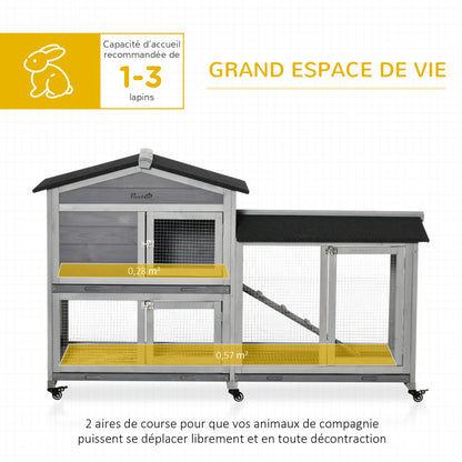 Konijnenhok – Konijnenren – Knaagdierenhok – Dierenverblijf – Houten Kooi – Met Wieltjes – 2 Verdiepingen – 3 Schuifladen – 157,4x53x99,5 cm – Grijs