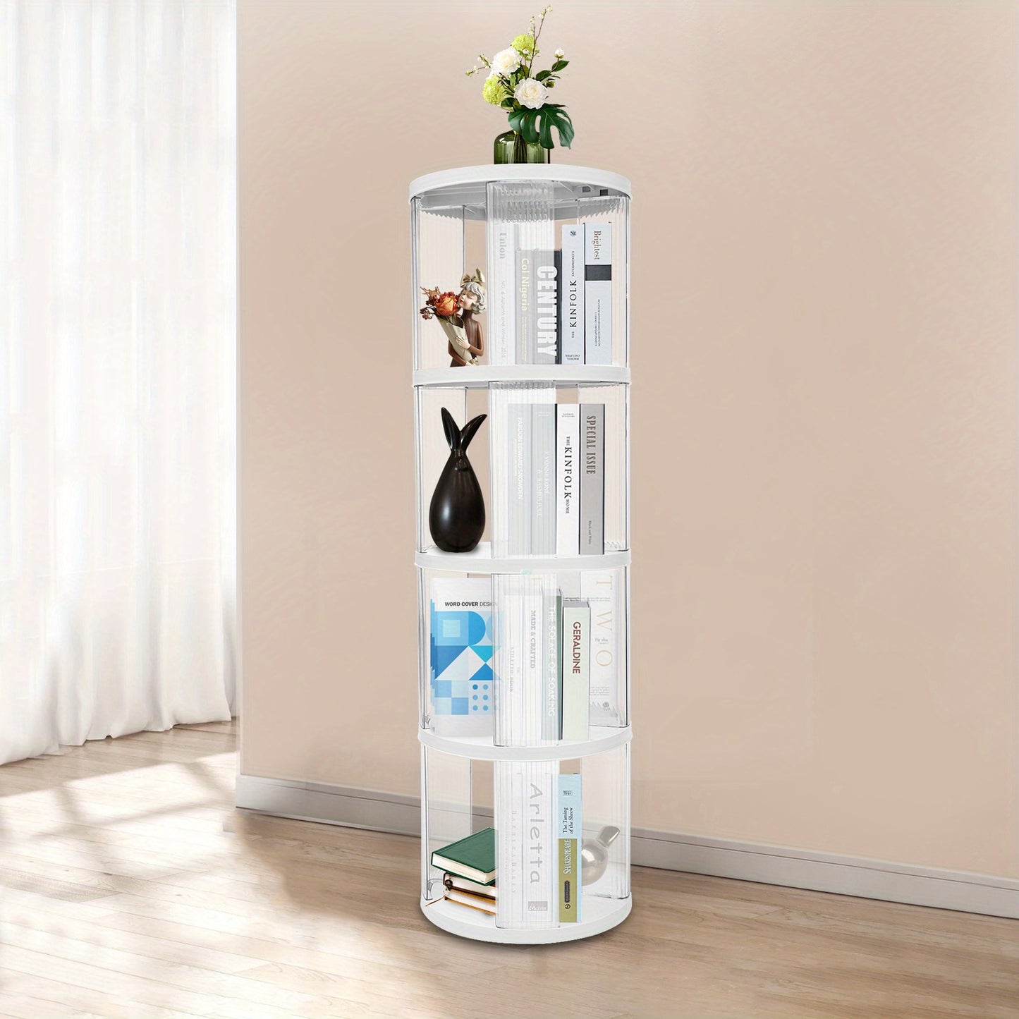 Boekenrek – Boekenkast – Boekenplank – Opbergkast – Boekenstandaard – Draaibaar 360° – Ruim 4-laags – Duurzaam ABS & PET – Compact en Stijlvol – Wit