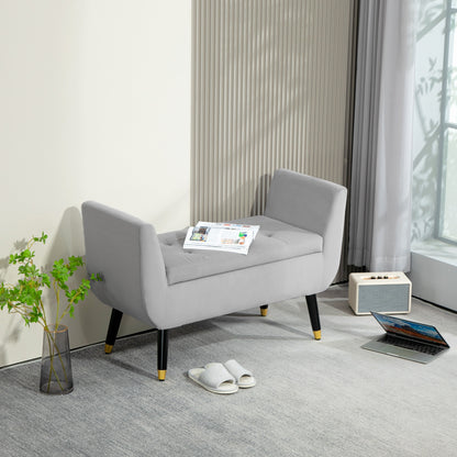 Krukje – Opbergbank – Bankje – Zitbank – Opstapje – Fluwelen Bekleding – Rubberhout Frame – Lichtgrijs – 107x42x65 cm – Ruime Opbergruimte