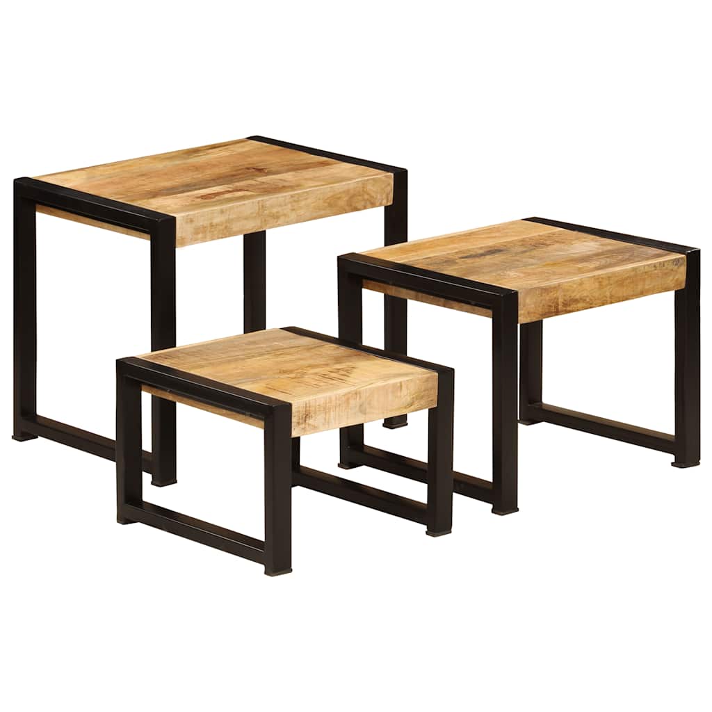 Set Van 3 Tafels – Bijzettafel – Nachtkastje – Salontafel – Tafel – Massief Mangohout – Stalen Frame – Ruimtebesparend – Uniek Bruin