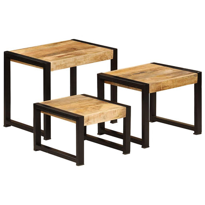 Set Van 3 Tafels – Bijzettafel – Nachtkastje – Salontafel – Tafel – Massief Mangohout – Stalen Frame – Ruimtebesparend – Uniek Bruin
